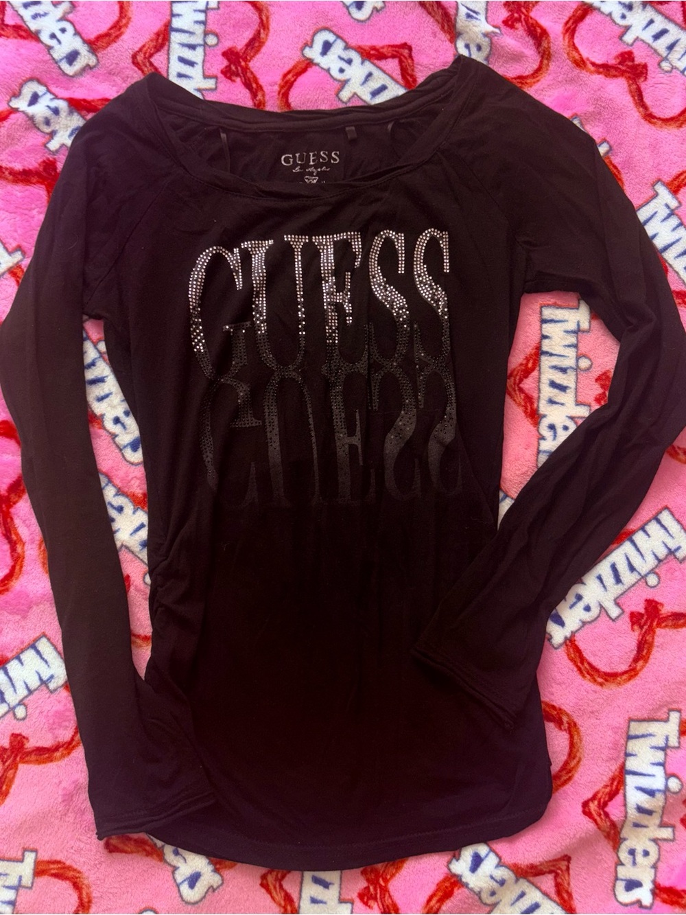 GUESS 💎 Rhinestone Detail Black Long Sleeve Top